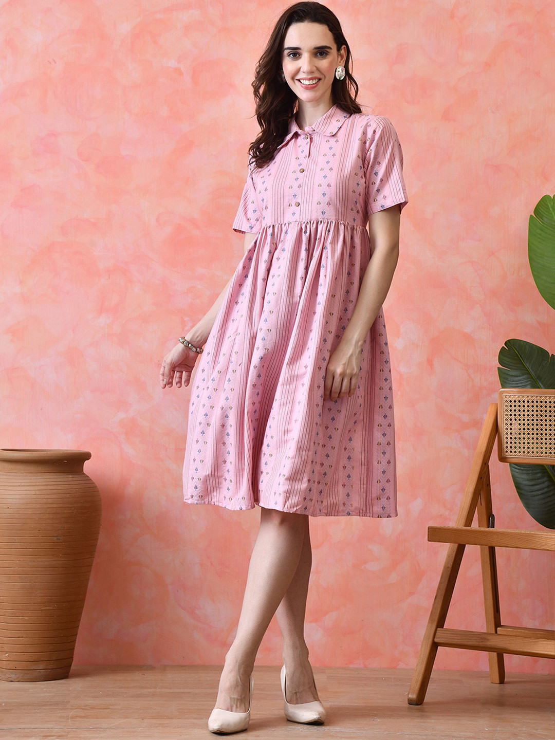 PakhiCreations Print Gathered or Pleated Shirt Collar A-Line Dress