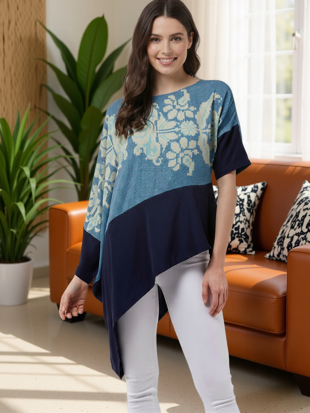 KYVO Women Floral Printed Asymmetric Hem Loose Top
