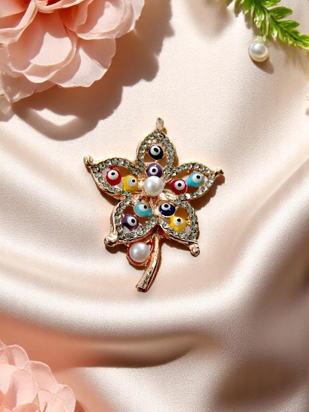 AccessHer Women Multicoloured Floral Leaf with Beads & Pearls Center Brooch