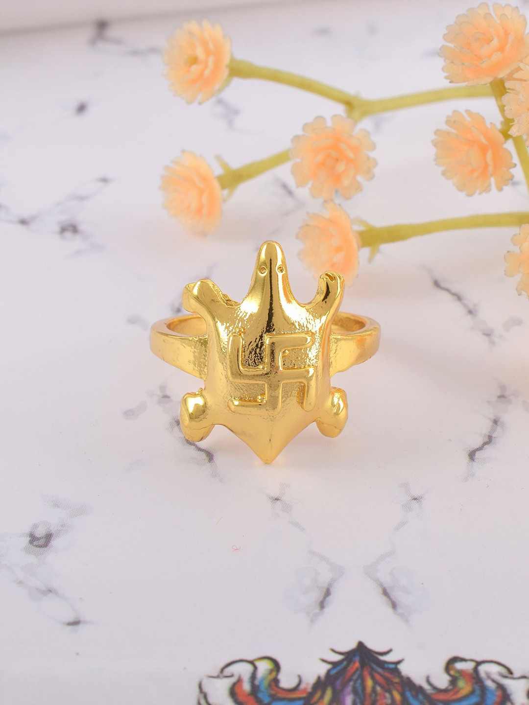 Brass 24KT 1 Gram Gold Swastik on Tortoise finger ring