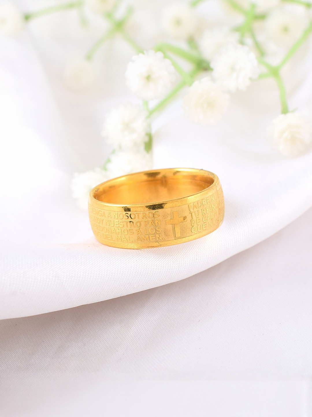 DZINETRENDZ Unisex Gold plated Jesus prayer in Spanish engraved Catholic finger ring