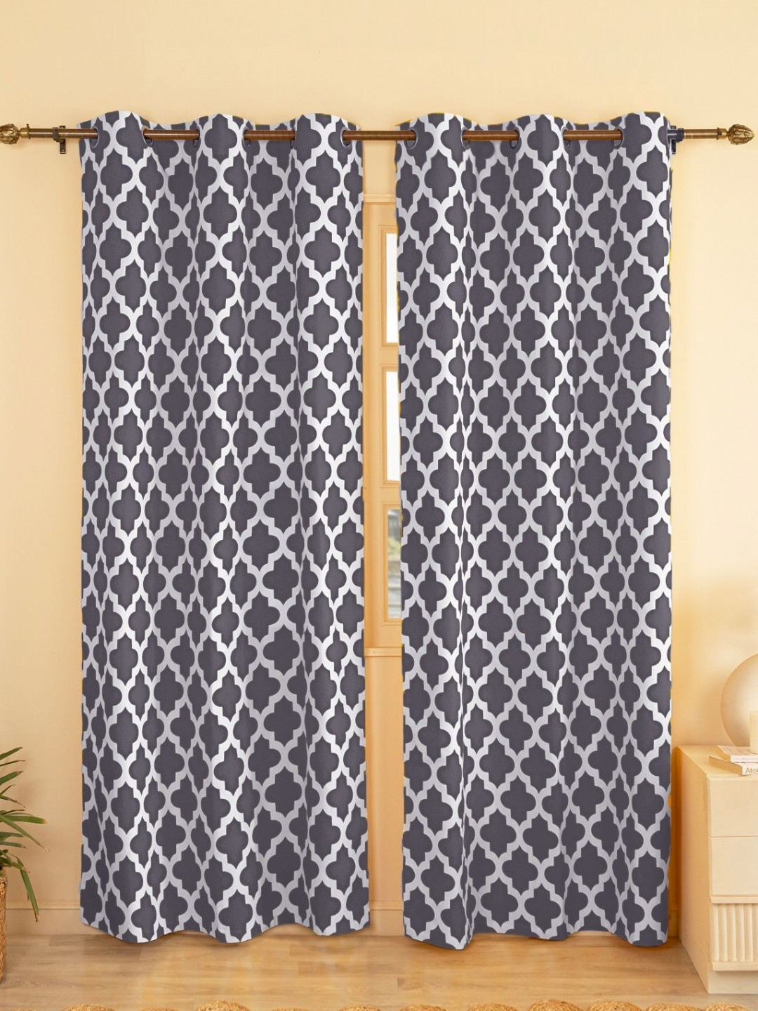 HOMEMONDE Grey & White 2 Pieces Geometric Printed Cotton Room Darkening Long Door Curtains