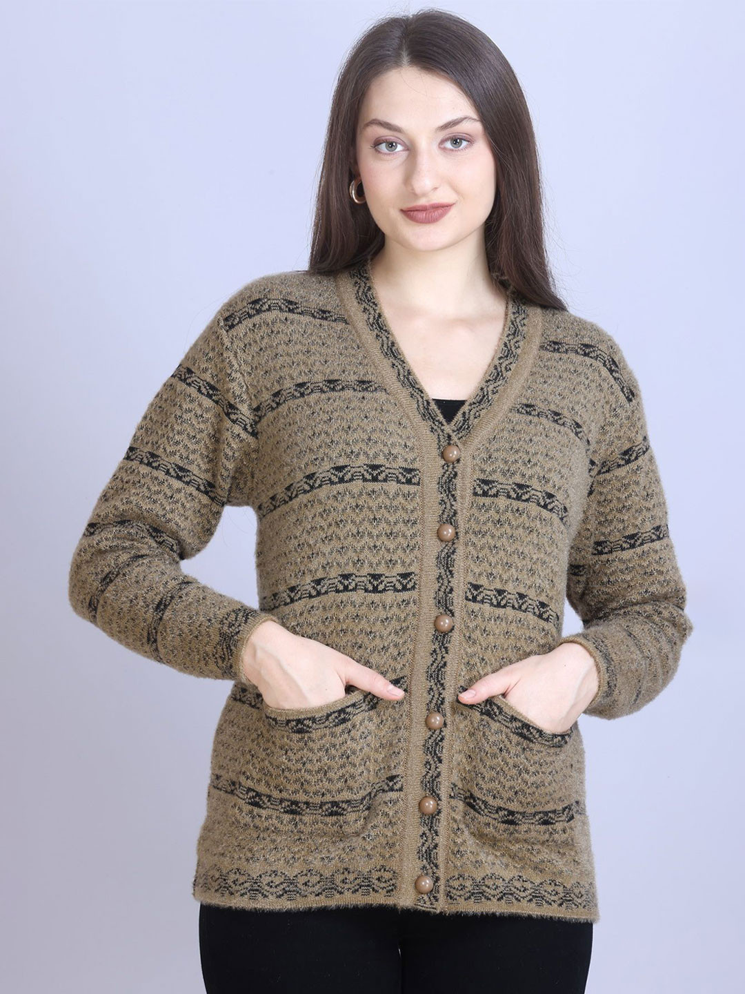 TRUDO Women Striped Woollen V Neck Full SleeveCardigan Sweater