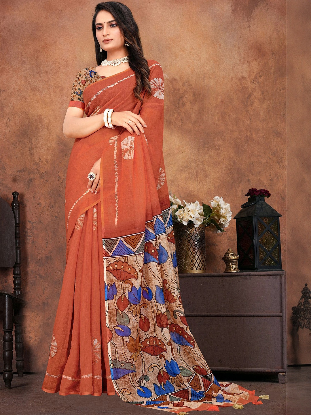 BerMondsey Floral Printed Block Print Saree With An Unstitched Blouse Piece