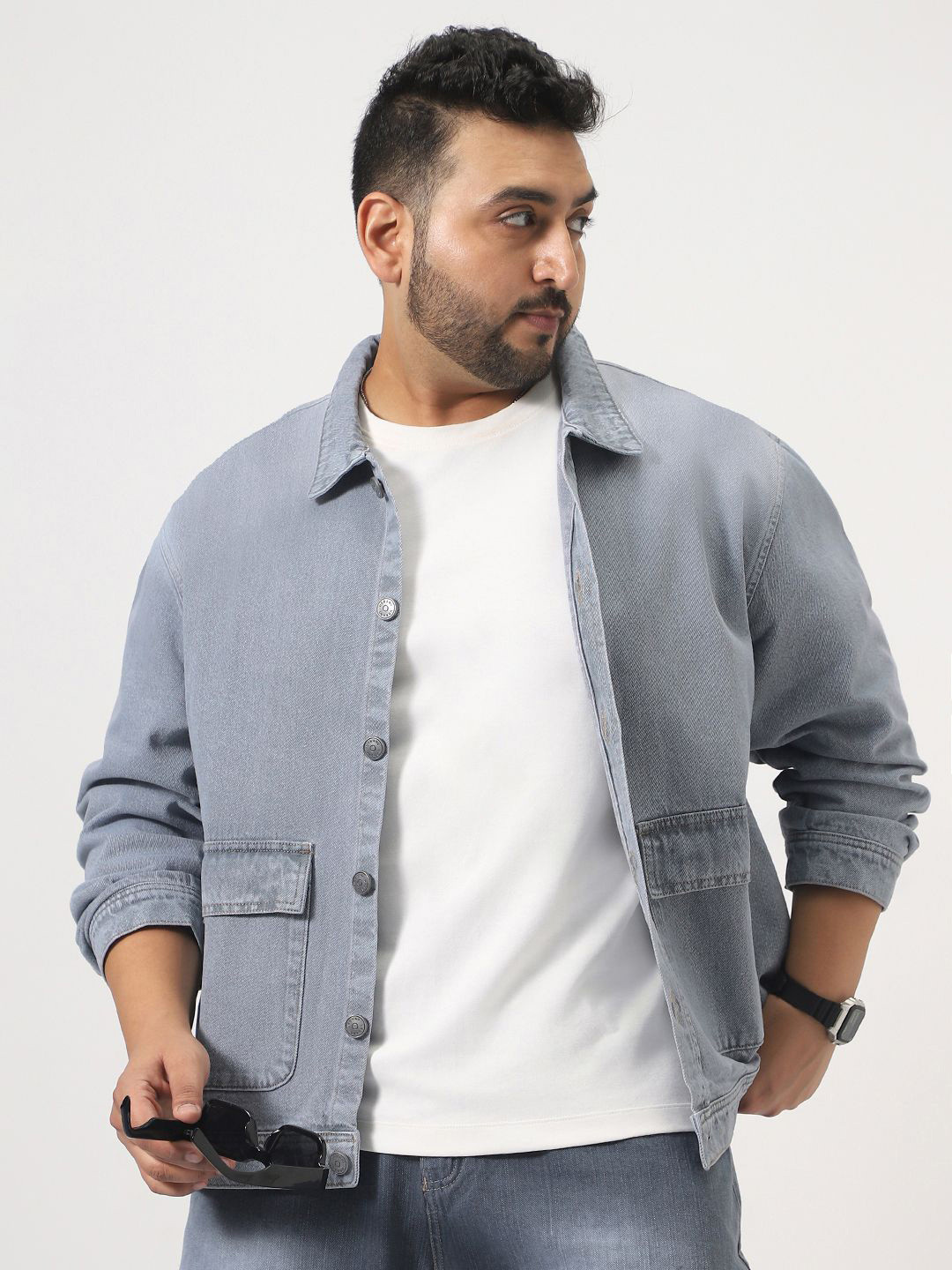 Urbano Plus Men Plus Size Ice Grey Relaxed Fit Utility Denim Jacket