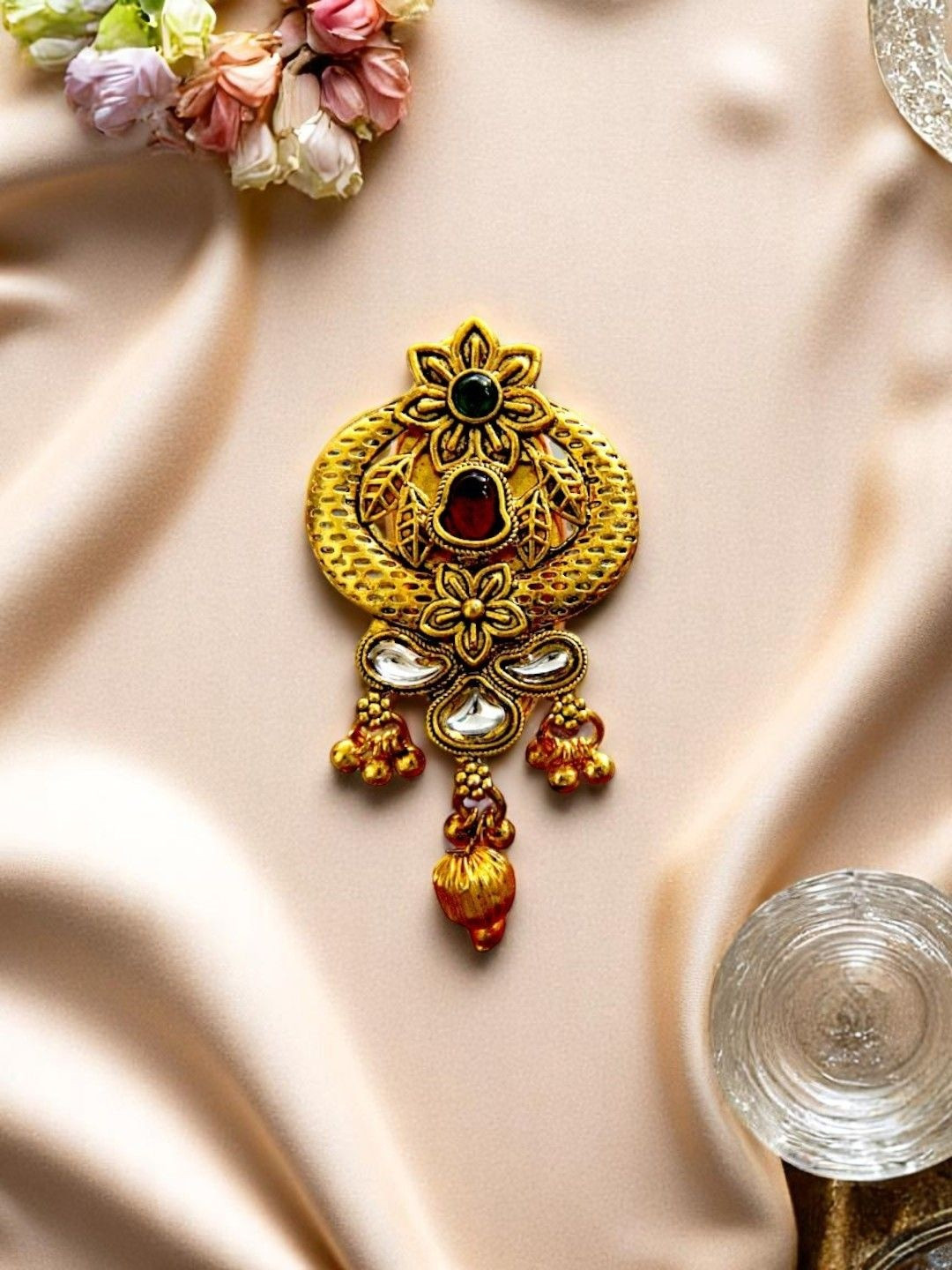 ACCESSHER Gold-Plated Green Red Stones Floral Leaf Brooch