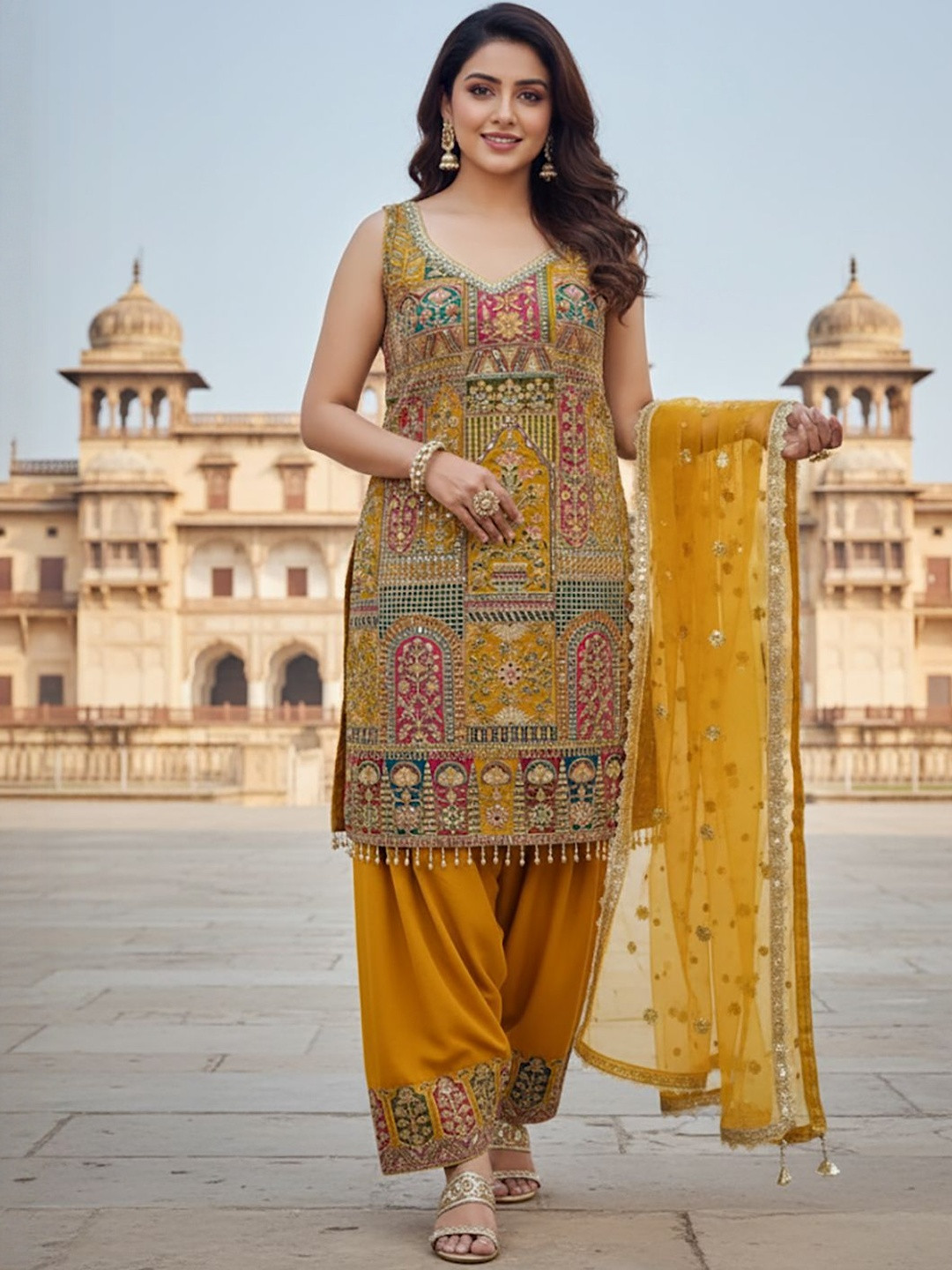 SAKSHI- The Wedding Store Women Ethnic Motifs Embroidered Kurta with Salwar & Dupatta