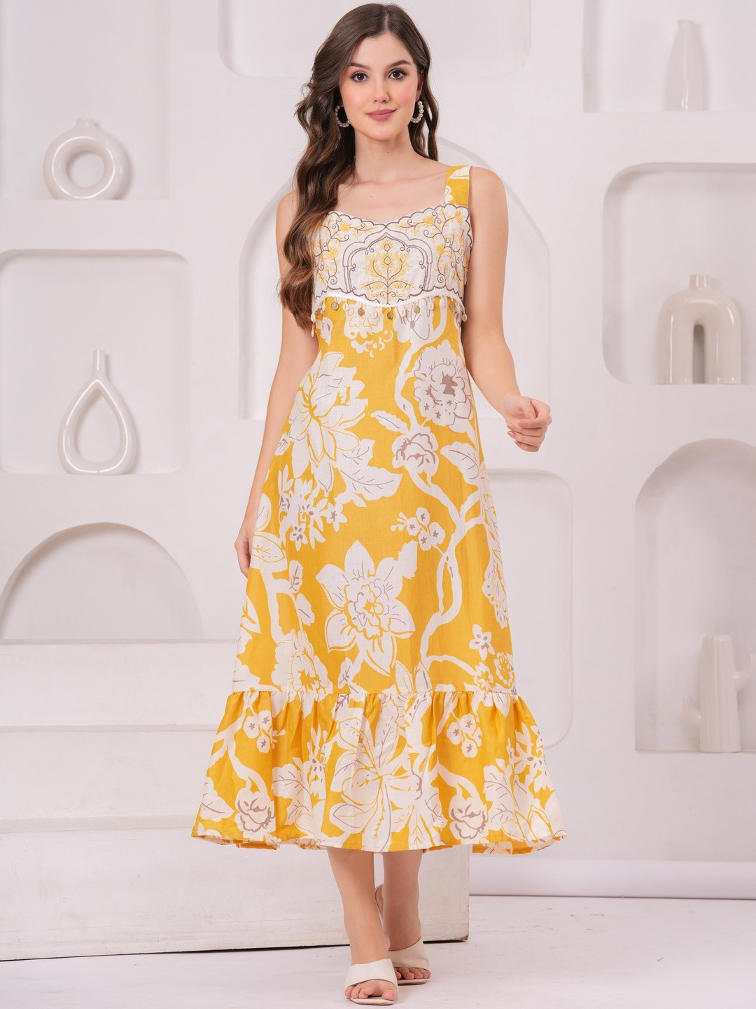 Women Mustard CottonRayon Dress
