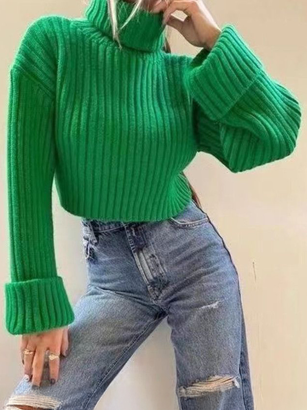 StyleCast Women Ribbed Turtleneck Crop Pullover with Fuzzy Detail