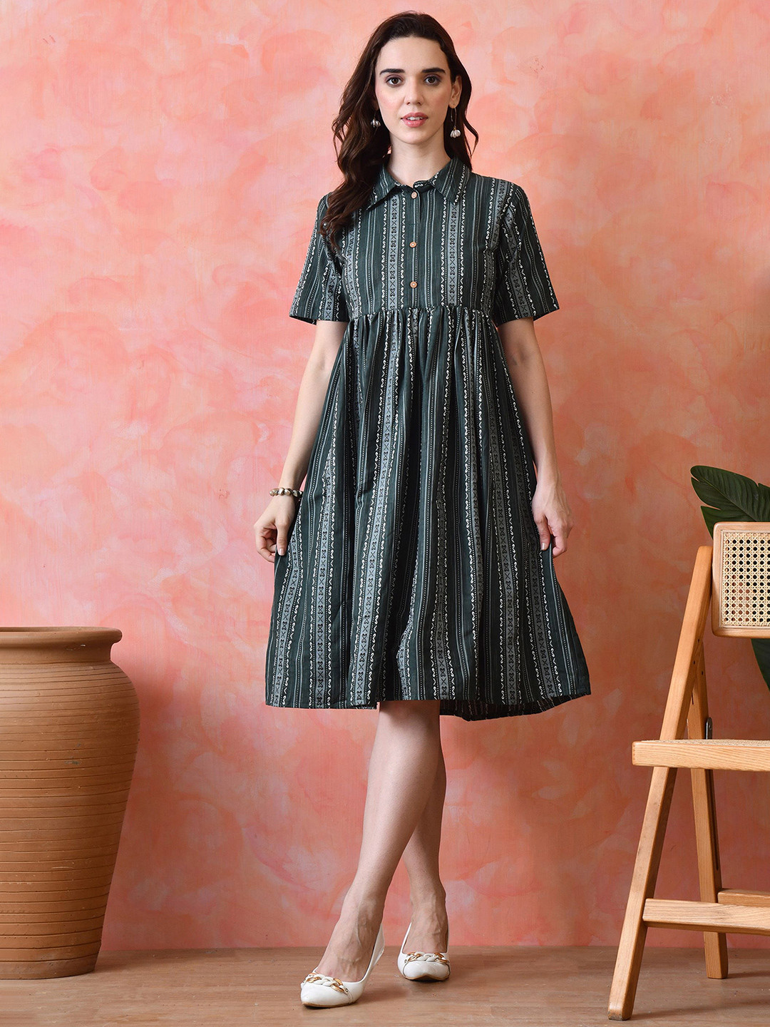 VCJ Striped Printed Shirt Collar Fit and Flare Dress