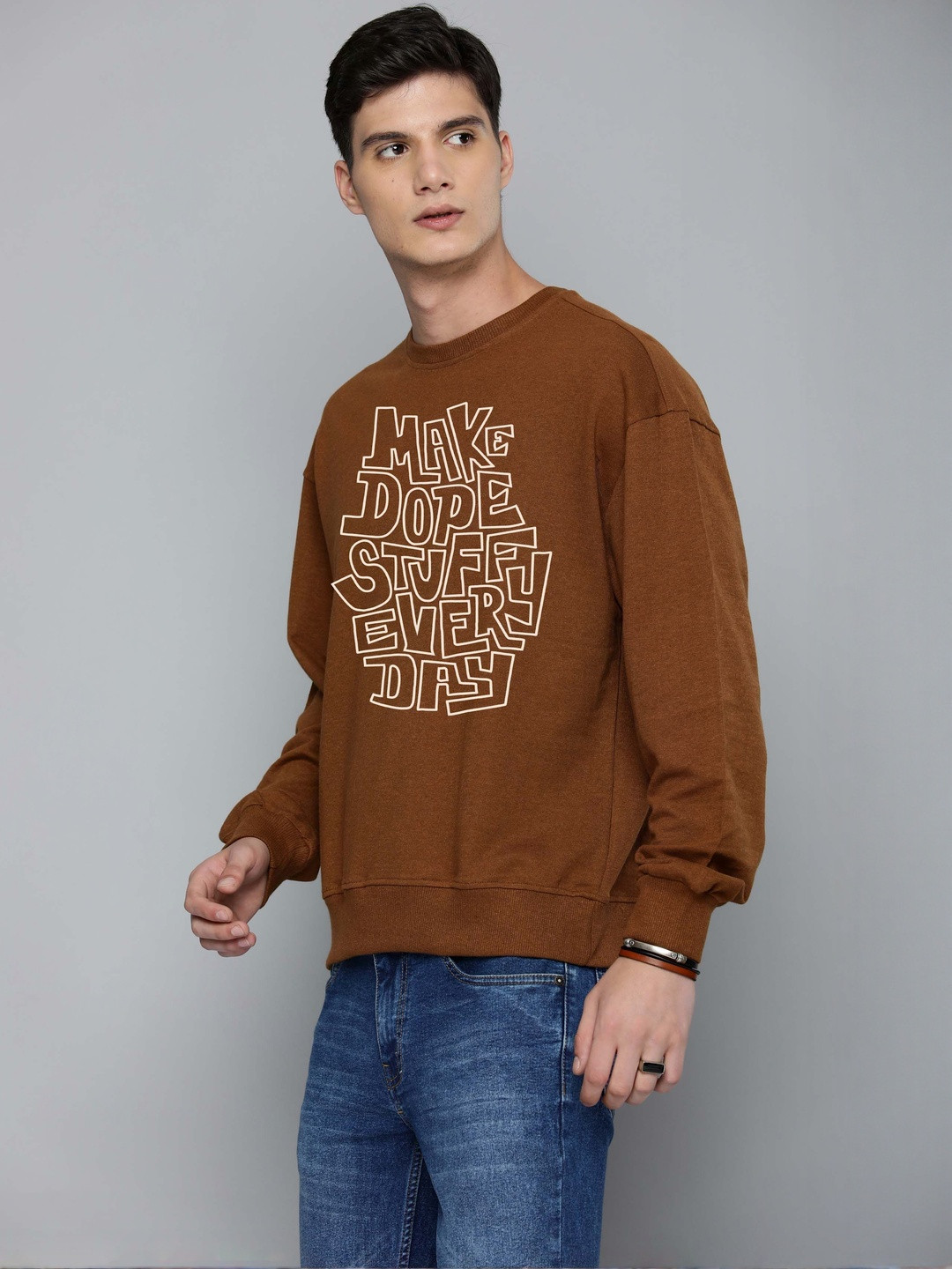 Moda Rapido Men Brown Long Sleeve Round Neck Cotton Oversize Fit sweatshirt