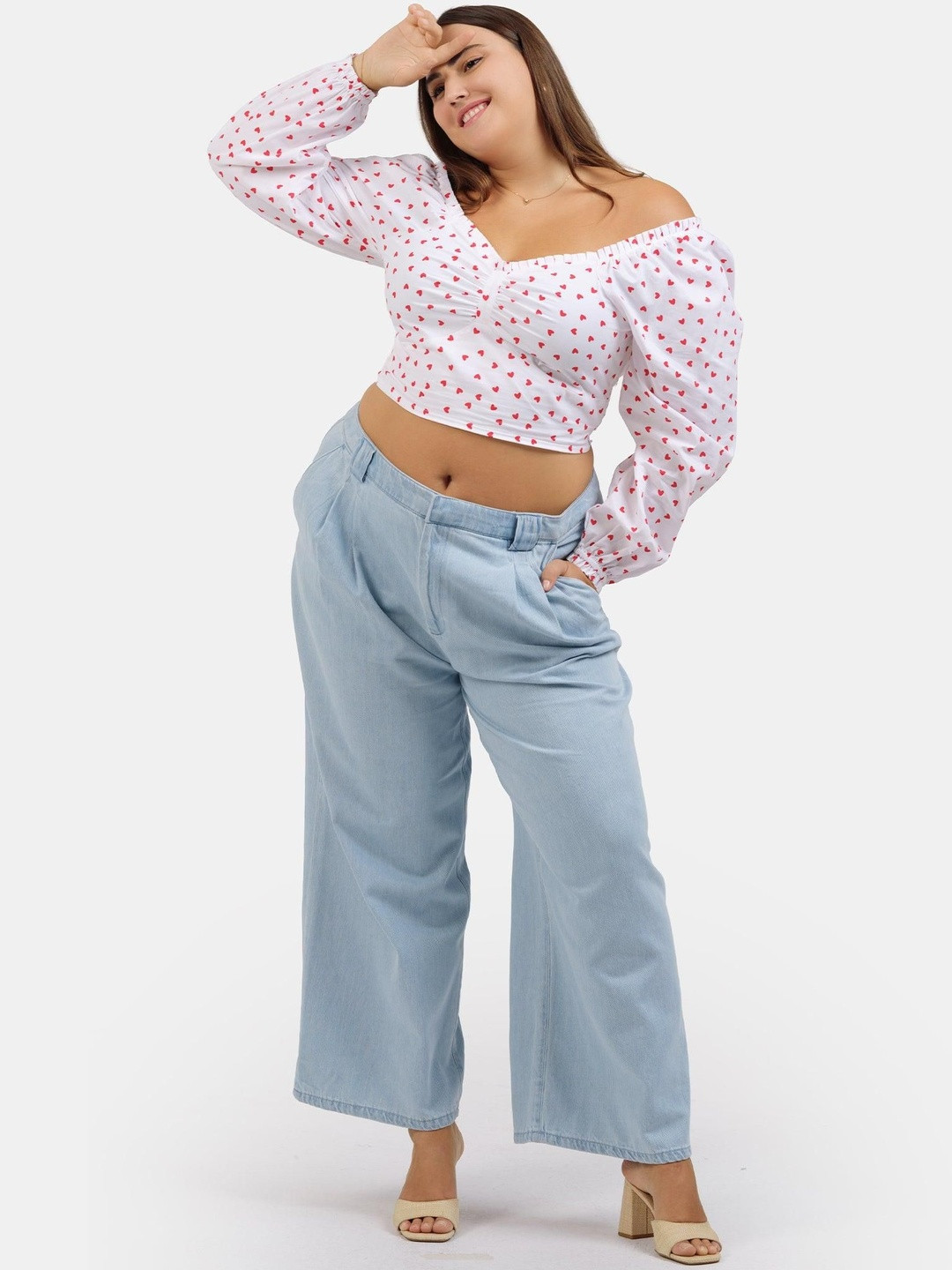 Virgio Women Floral Print Sweetheart Neck Puff Sleeve Plus Size Cotton Crop Top