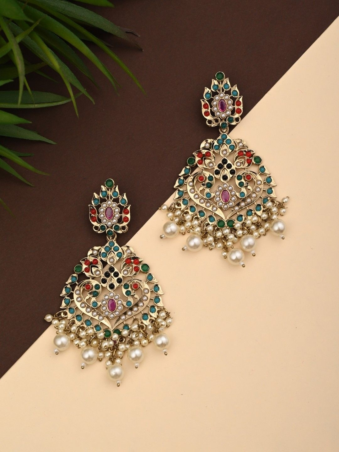 Anvik Gold-Plated Artificial Stones Studded And Beaded Heart Shaped Drop Earrings