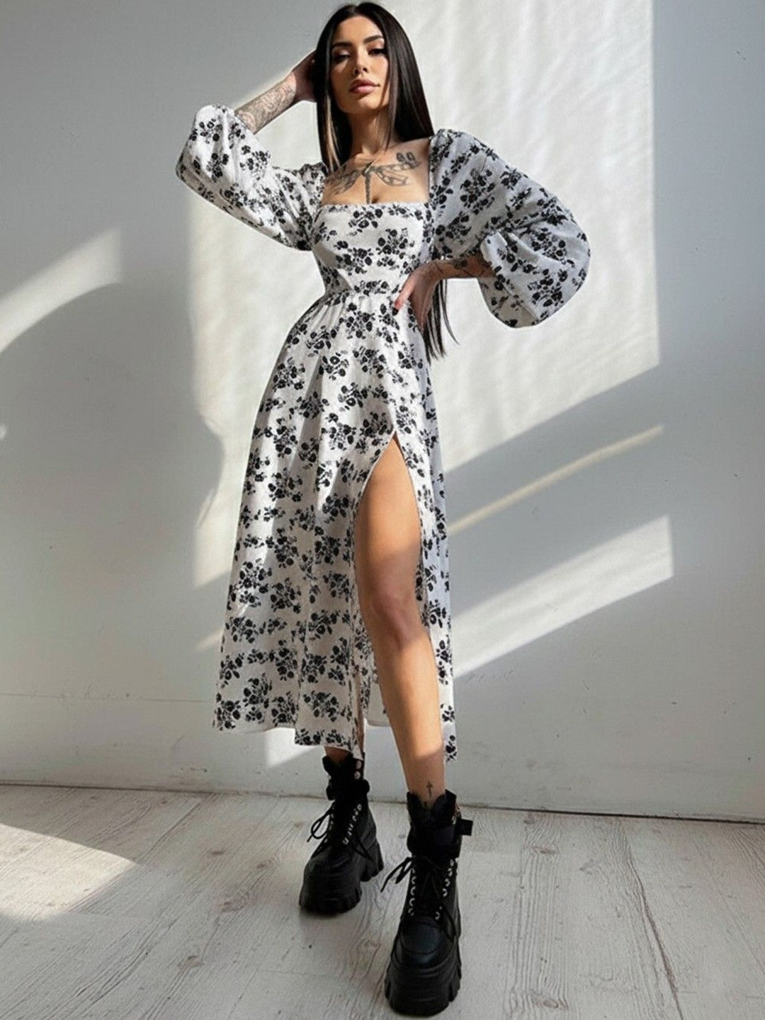 HERE&NOW Backless Floral Printed Square Neck Slit Tie Dress