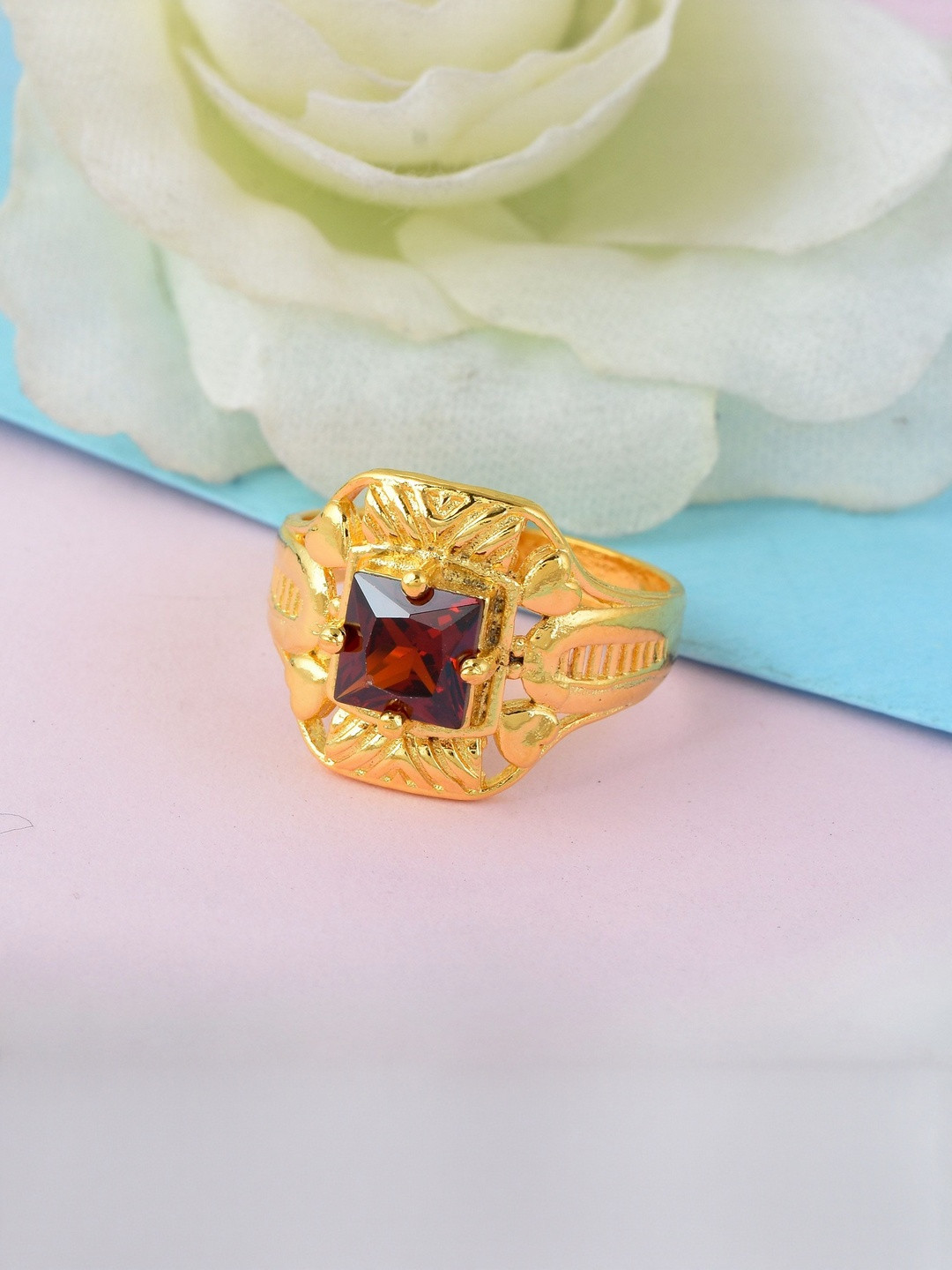 DZINETRENDZ Unisex Goldplated Faux Red Hessonite Gomed Fingerring