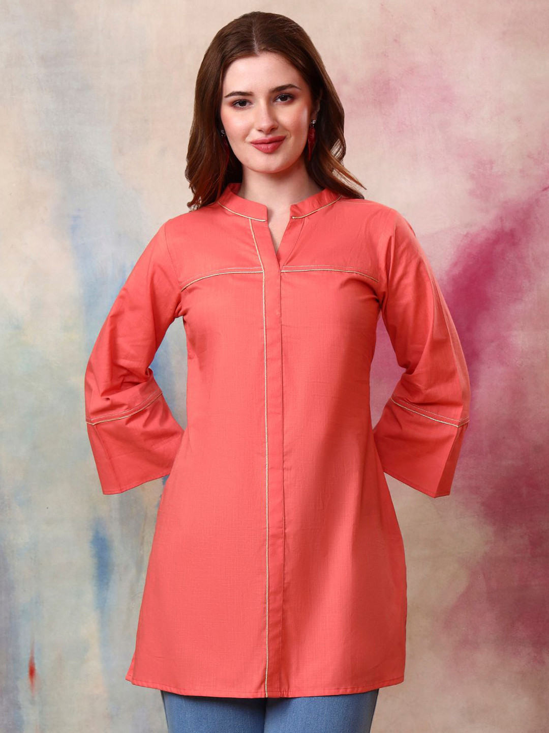 Tissu Women Pure Cotton Mandarin Collar Zari Work Rust Tunic Kurti