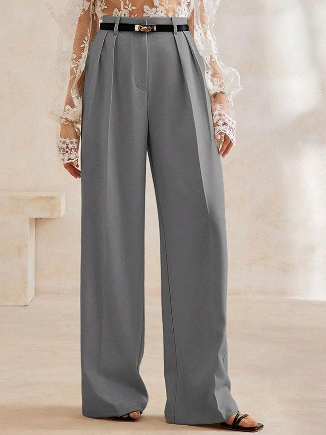 FNOCKS Women Comfort Wide-Lieg High-Rise Pleated Trousers