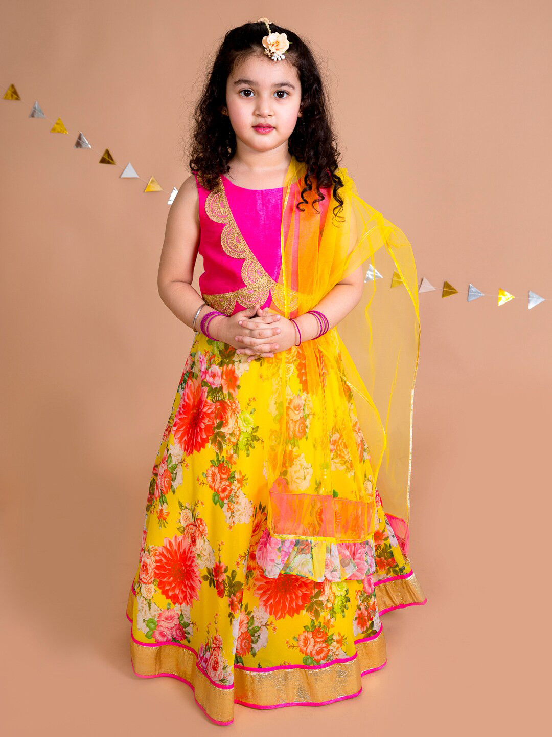pspeaches Girls Yellow & Pink Embroidered Ready to Wear Lehenga & Blouse With Dupatta