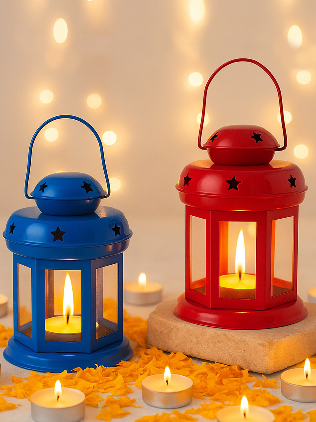 Homesake Adults Set Of 2 Red & Blue Solid Star Tealight Metal Candle Holders