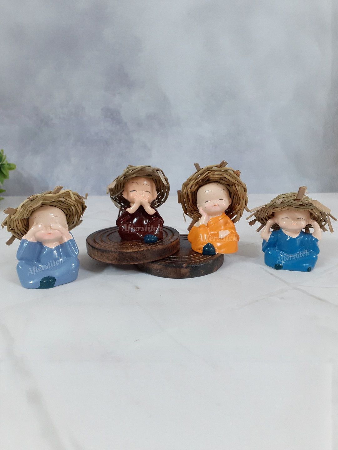 Afterstitch Set Of 4 Baby Buddha Monks with Hat Figurine Idols Showpiece