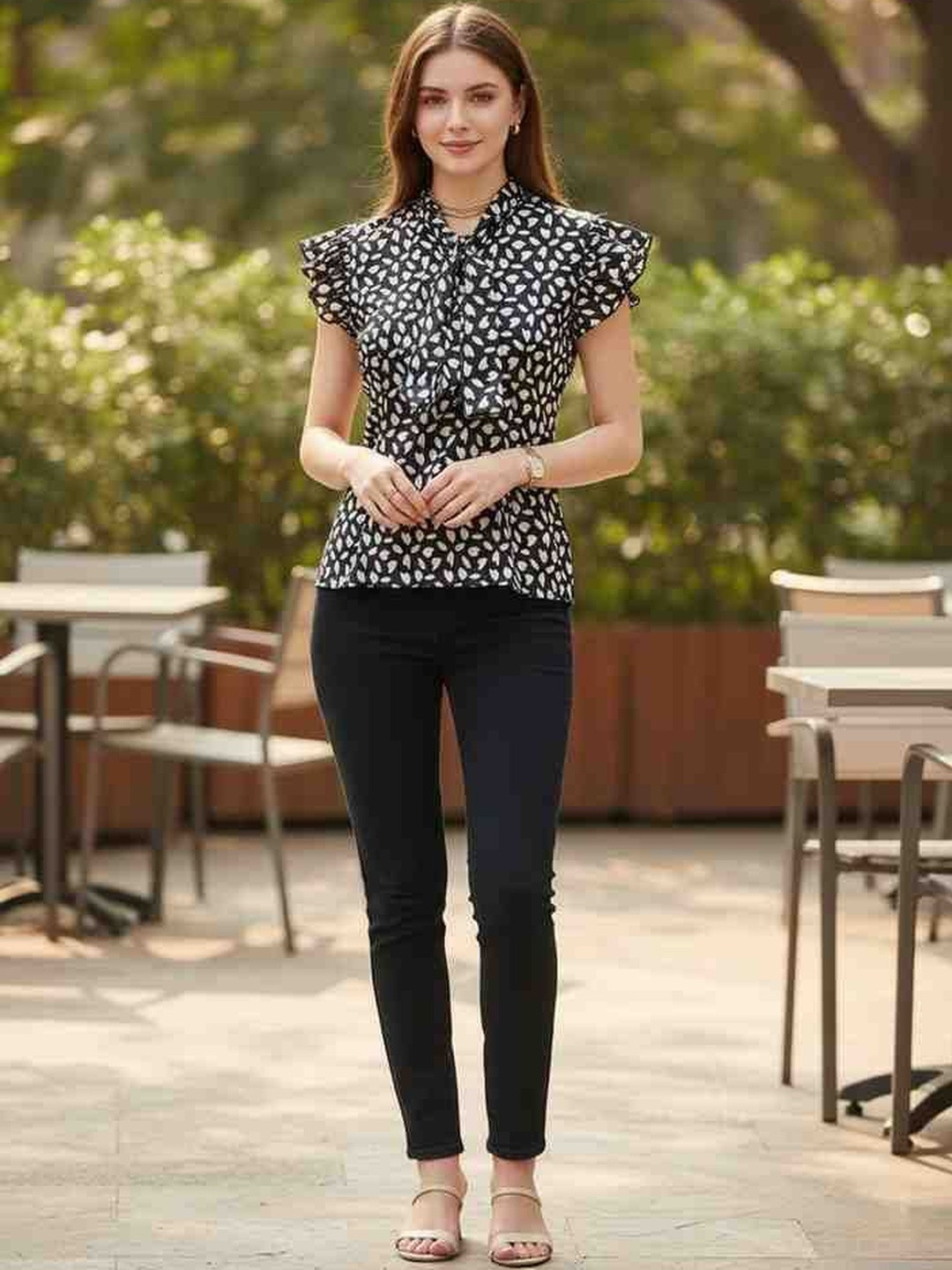 Mast & Harbourn Women Floral Print Tie-Up Neck Flutter Sleeve Ruffles Crepe Top