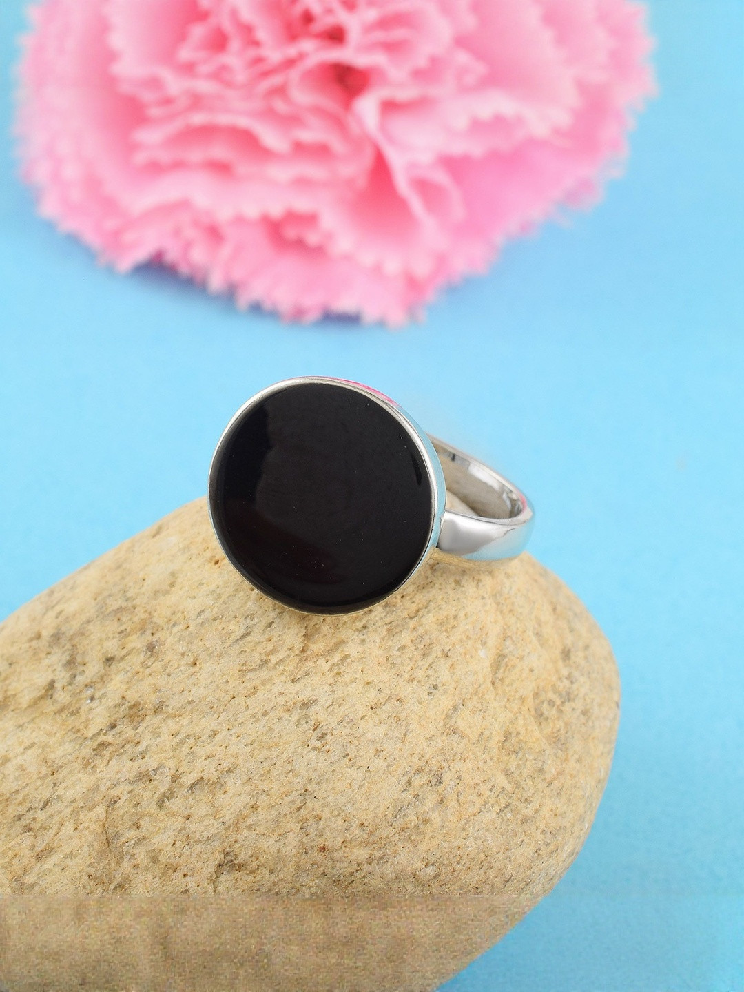 Brass Silverplated Flat Black Onyx Signet Fashion Fingerring
