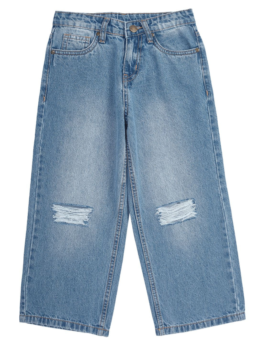 Cub McPaws Girls Wide Leg Mid-Rise Highly Distressed Cotton Denim Heavy Fade Jeans