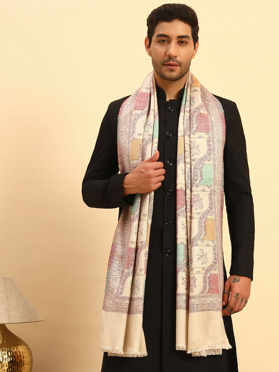 Pashmoda Men Fawn Floral Geometry Kaani Woolen Shawl