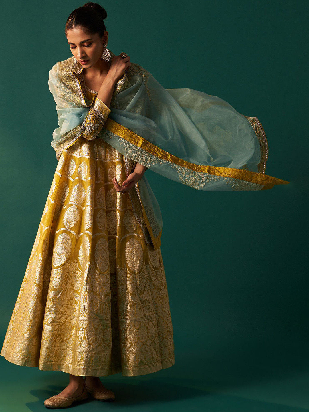 WISHFUL Women Embroidered Zari Work Flared Cotton Ethnic Dress with Dupatta