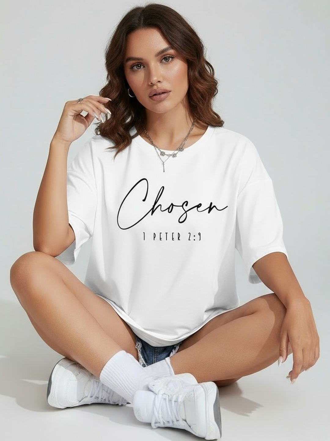 Calm Down Typography Printed Drop-Shoulder Sleeves Cotton Oversized T-shirt