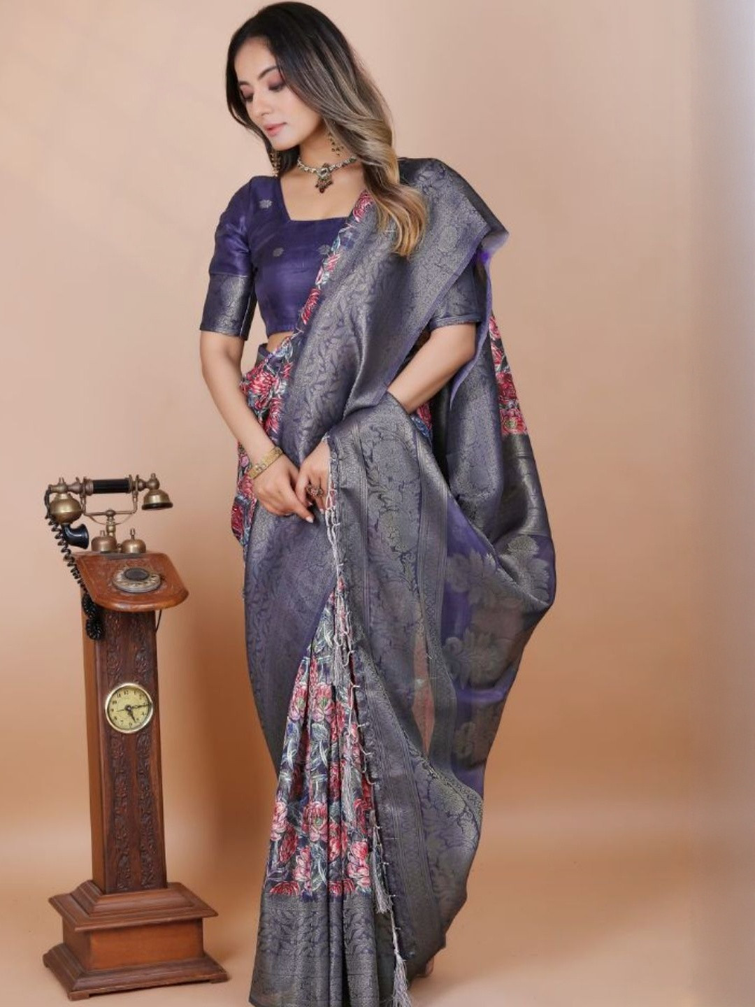 Flossy Floral Printed Zari Banarasi Saree