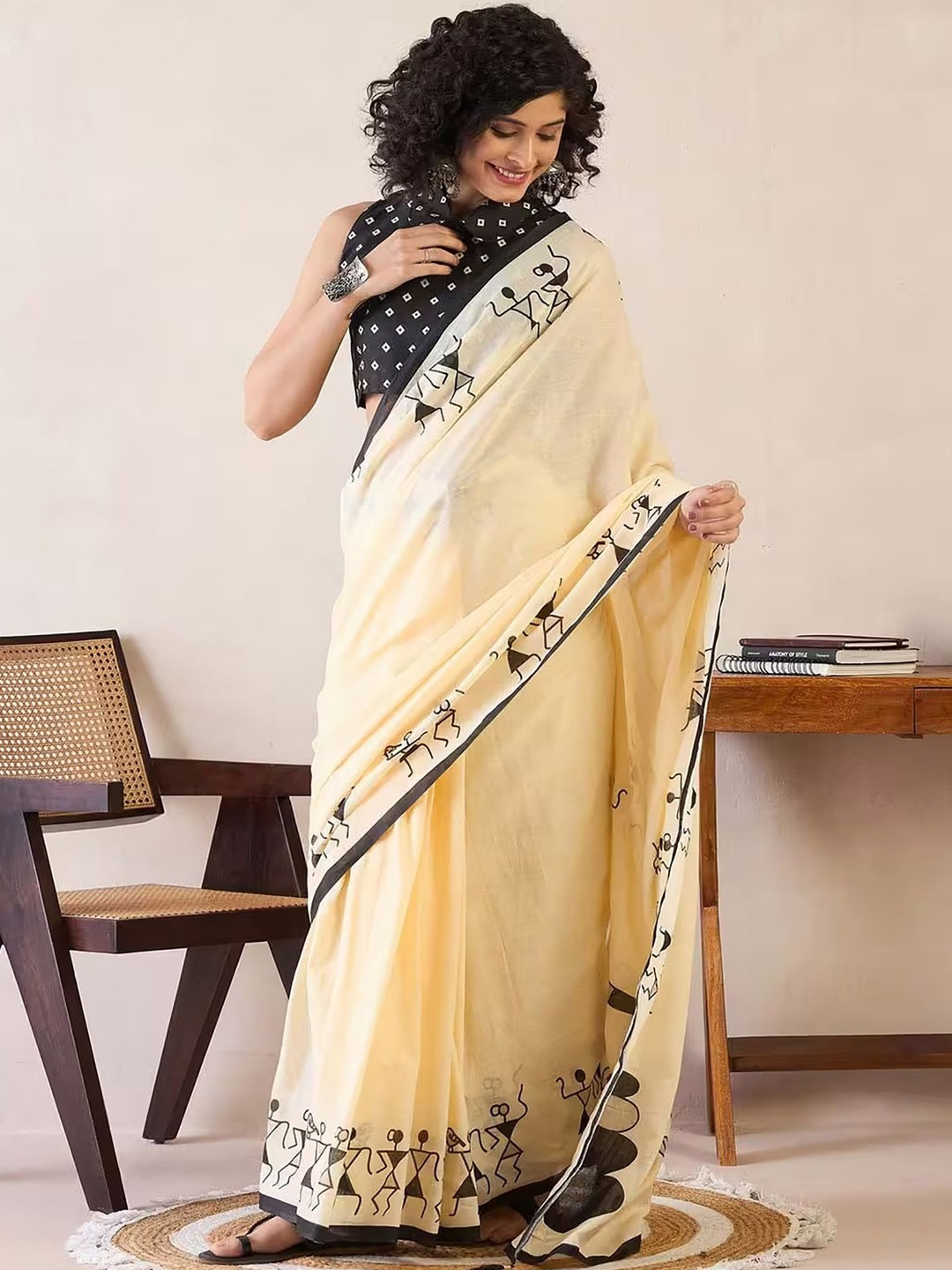 BerMondsey Warli Block Print Saree with Unstitched Blouse Piece