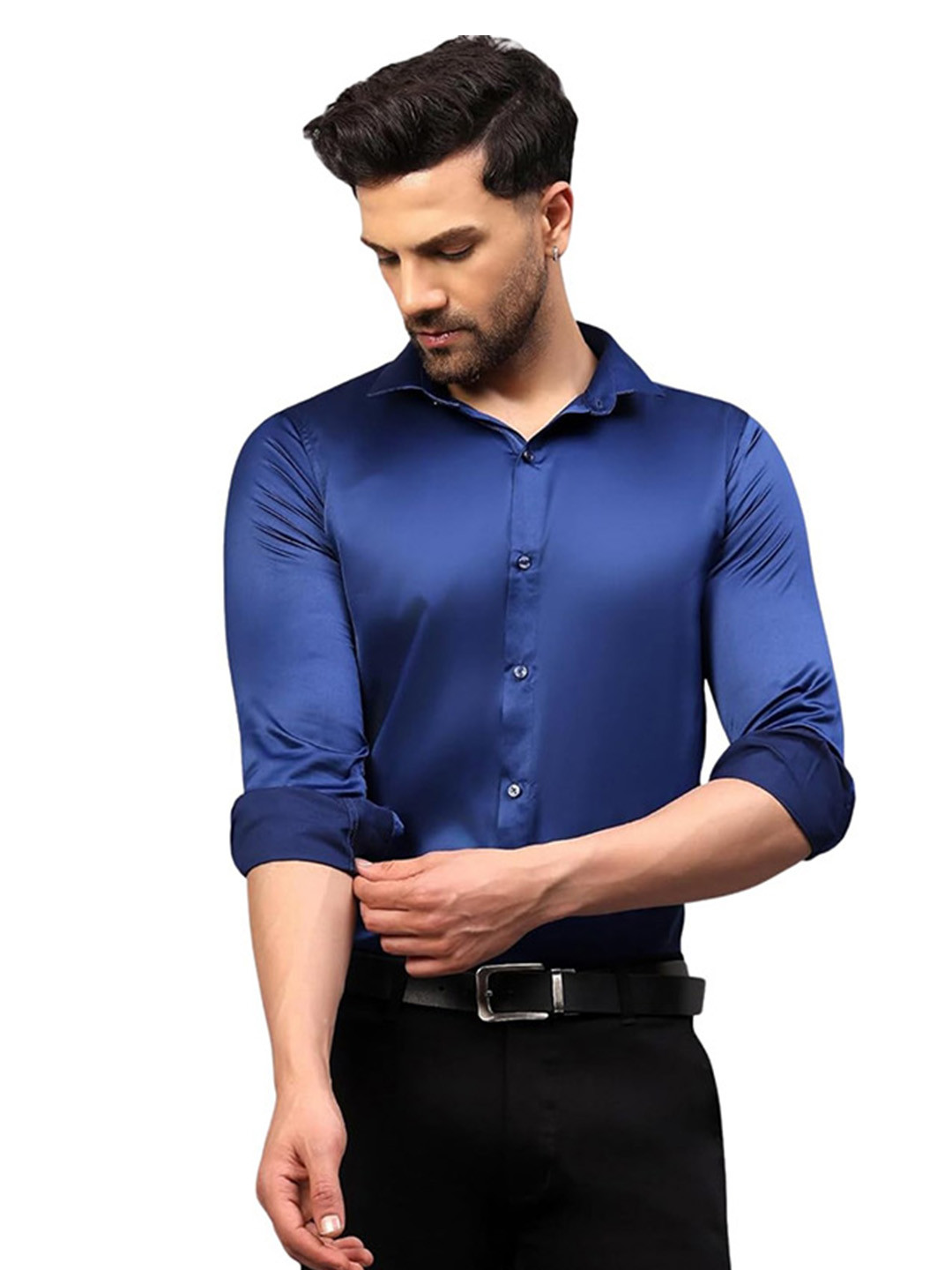 Deelmo Men Pack of 2 Solid Spread Collar Satin Formal Shirts