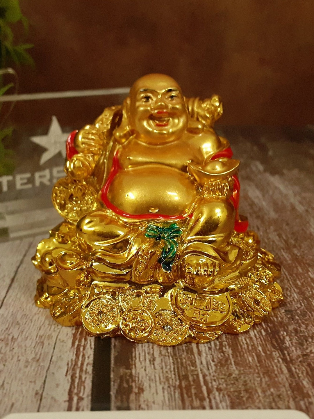 Afterstitch Gold-Toned Golden Laughing Buddha Religious Idol Showpiece