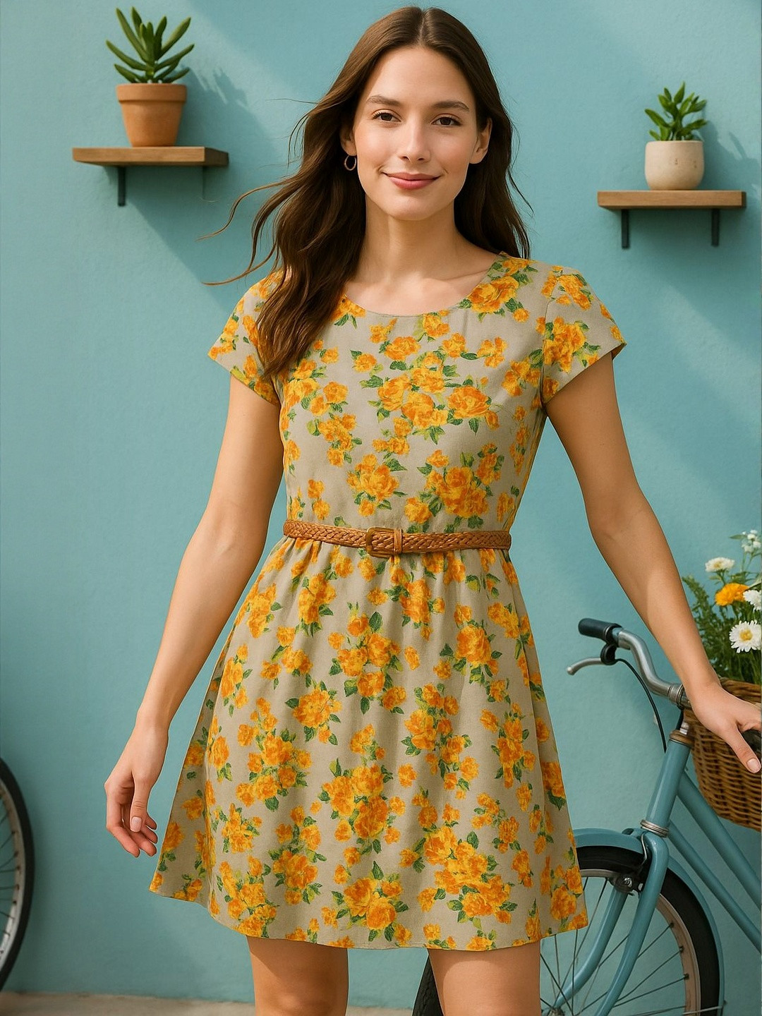 Cap Sleeves Belted Dress