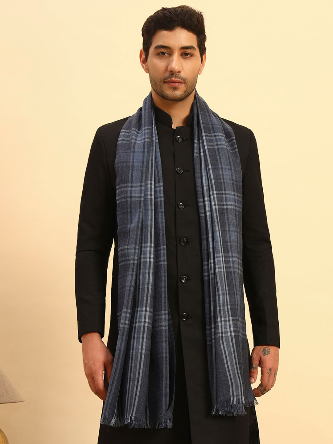Pashmoda Men  Woven Design Checkered Wool Stole