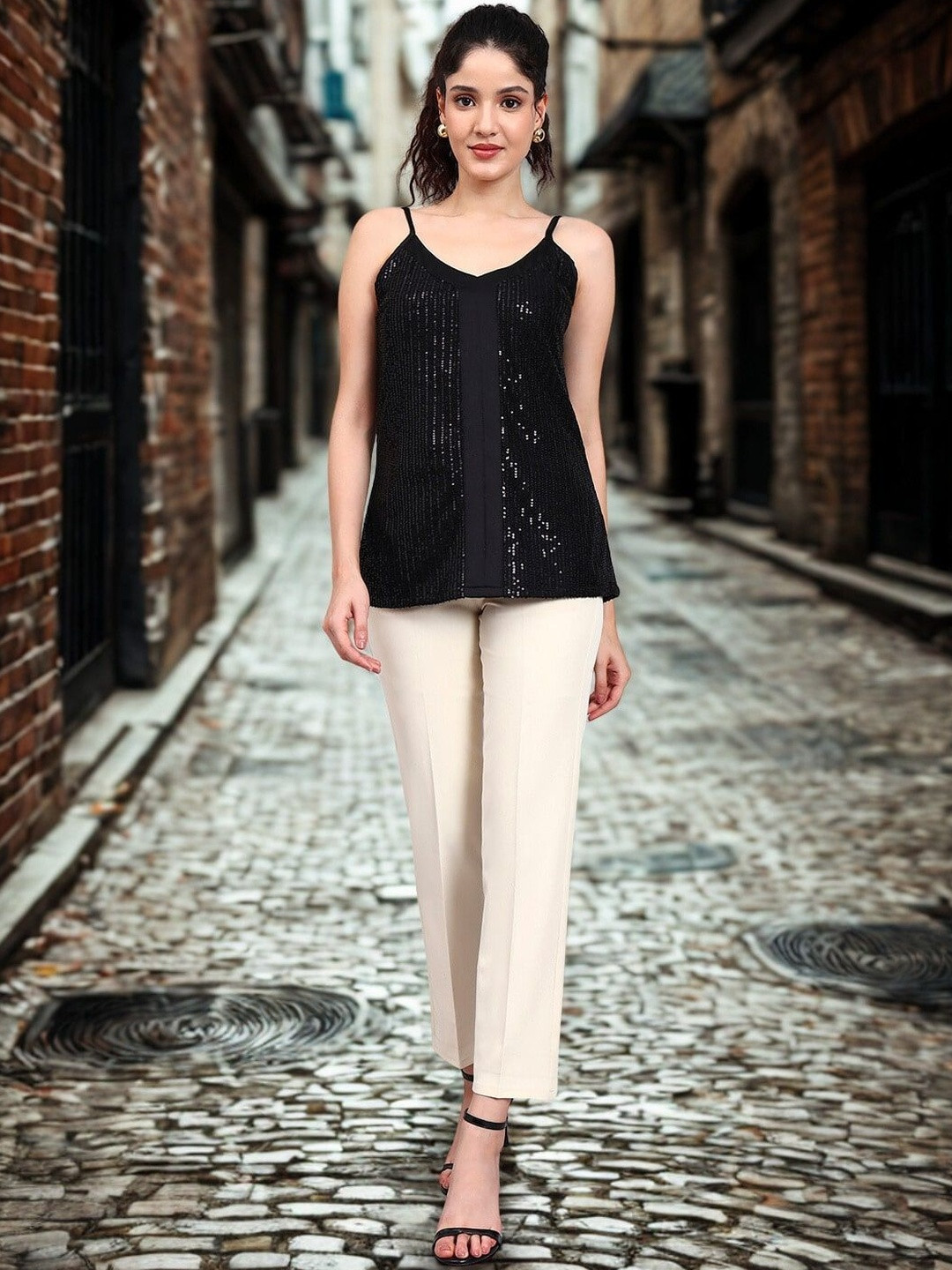 PowerSutra Women Embellished Sequine Sleeveless Satin Tank Top