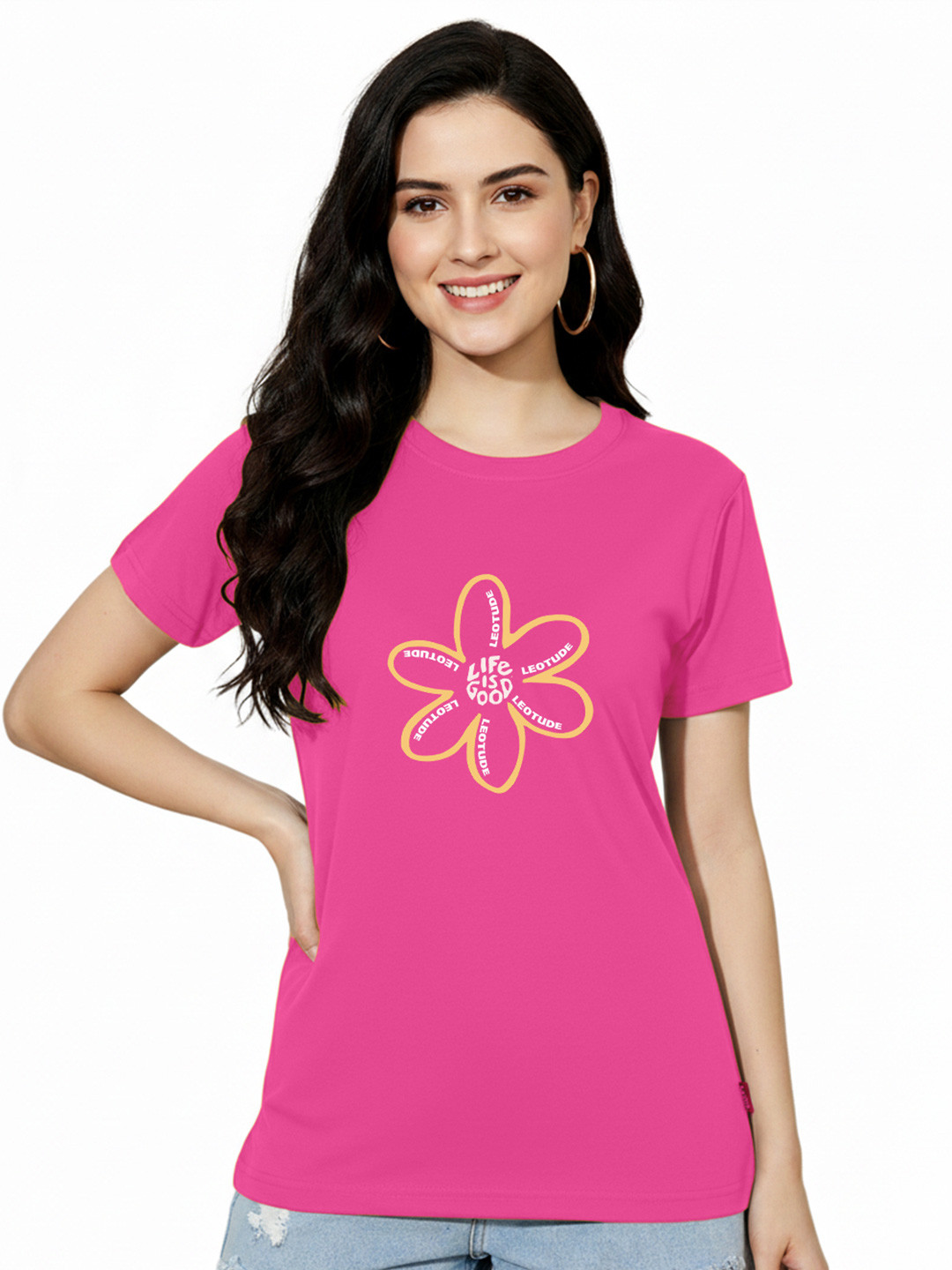Leotude Floral Printed Round Neck Relaxed Fit Cotton T-Shirt