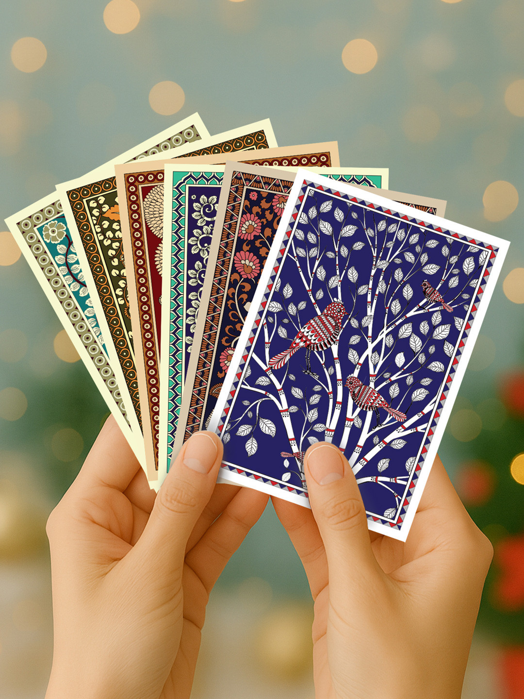 Doodle Beige & Maroon Set Of 12 Kalamkari Art Notecards With Envelope