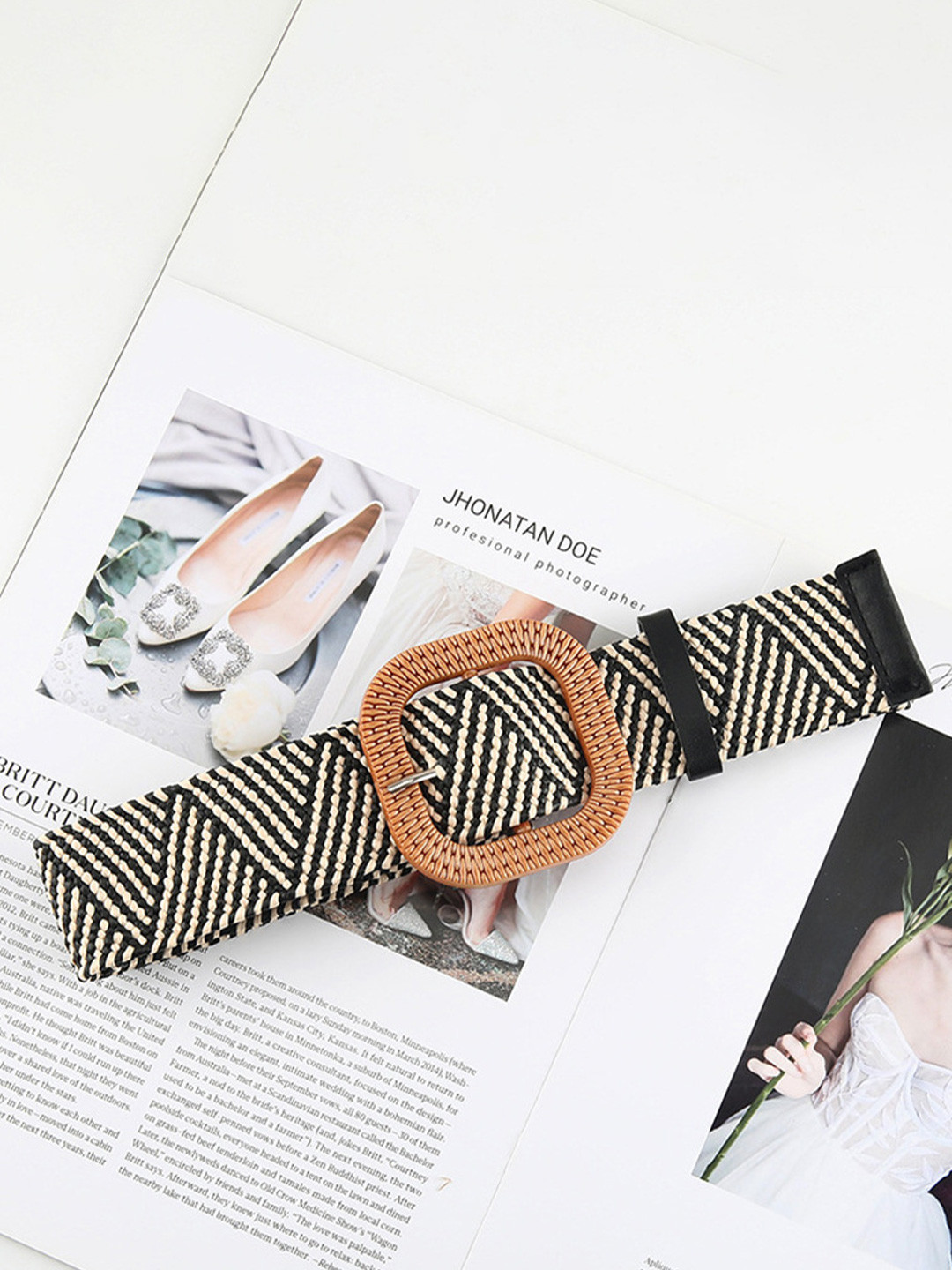 Fabme Women Woven Design Belt With Tang Closure