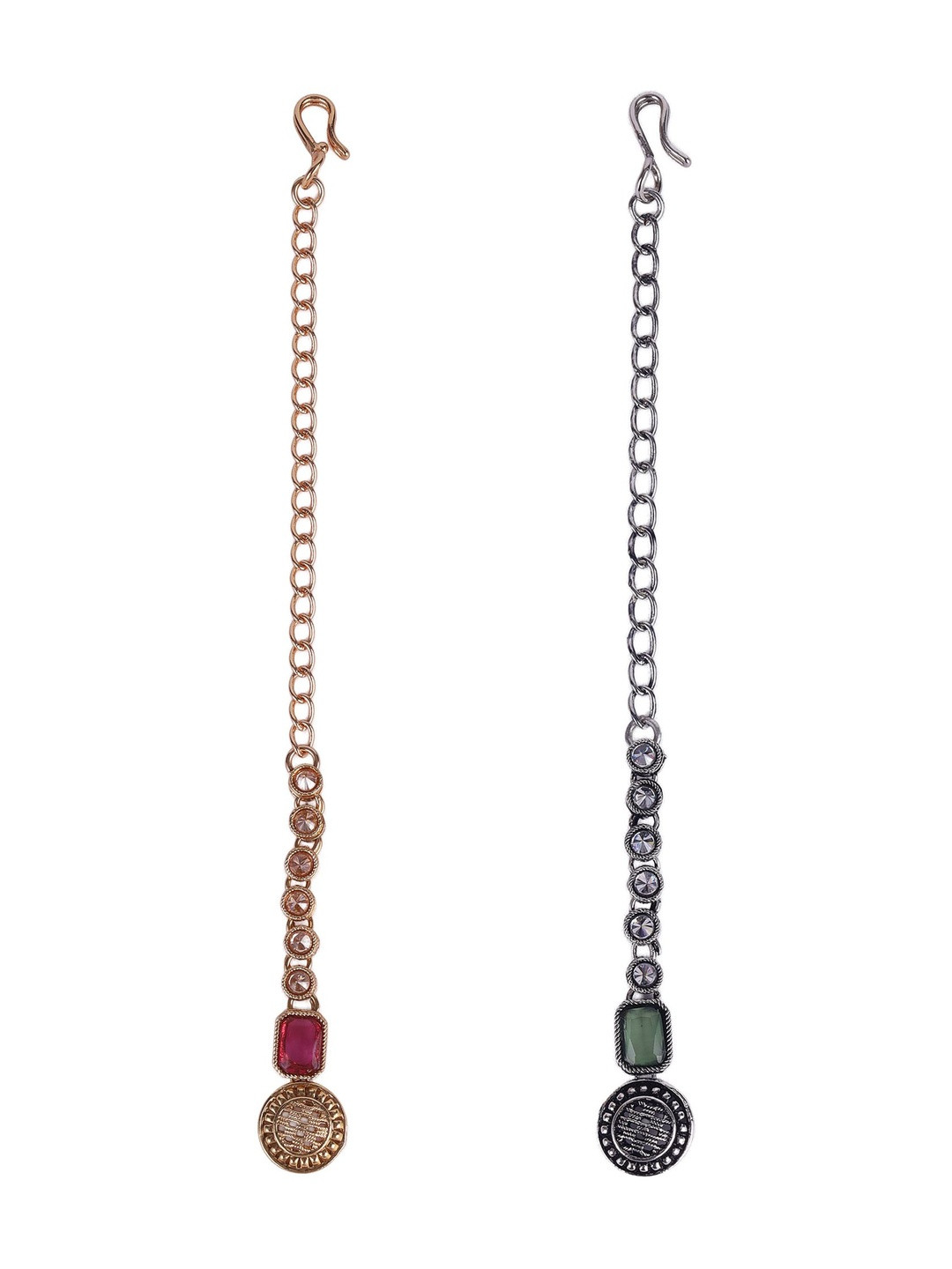 Saloni Fashion Jewellery Pink & Sky Blue Set of 2 Round Shape Gold Plated Maang Tikka