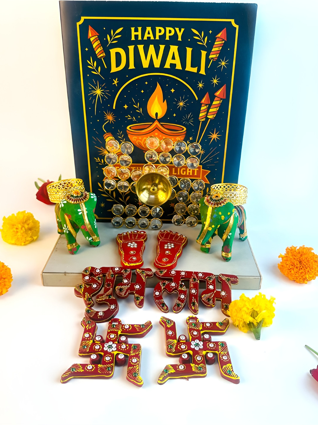 Giftii 9Pcs Red & Green Elephants Diya Swastik Diya & Shubh Labh Gift Set