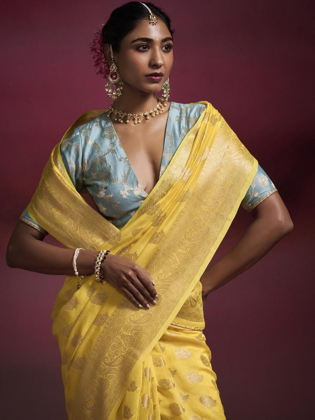 Dressfolk Bright Yellow Woven Design Banarasi Silk Cotton Brocade Saree With Zari Pallu