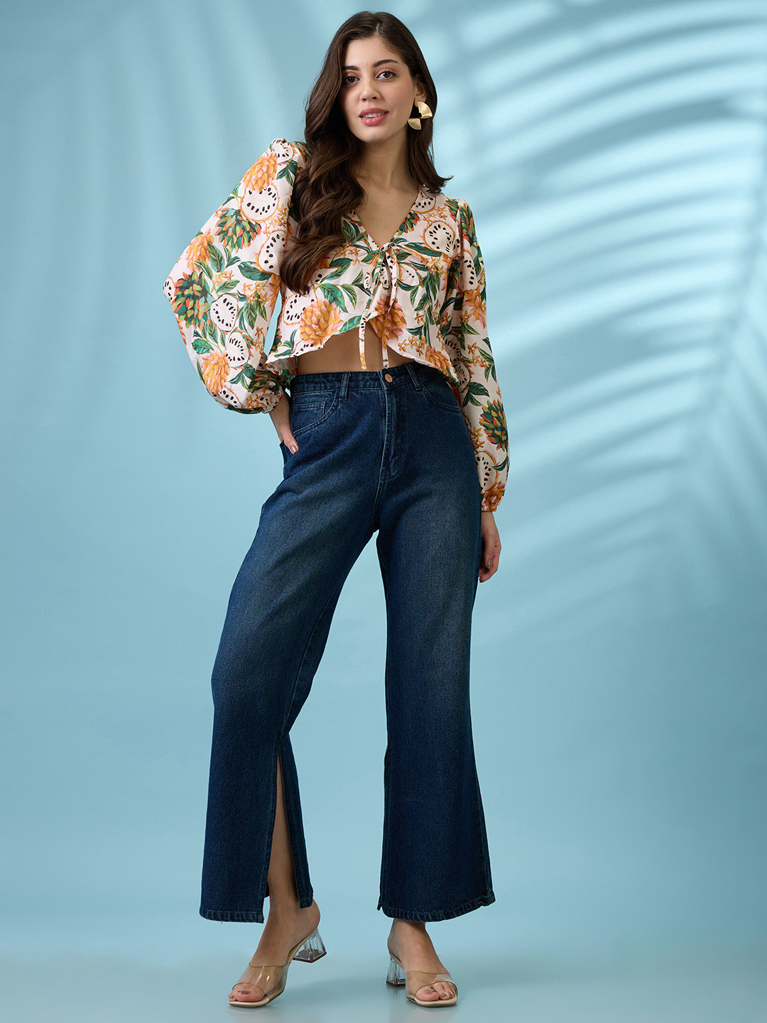 Globus V-Neck Bishop Sleeves Tropical Print Tie-Up Detail Wrap Top
