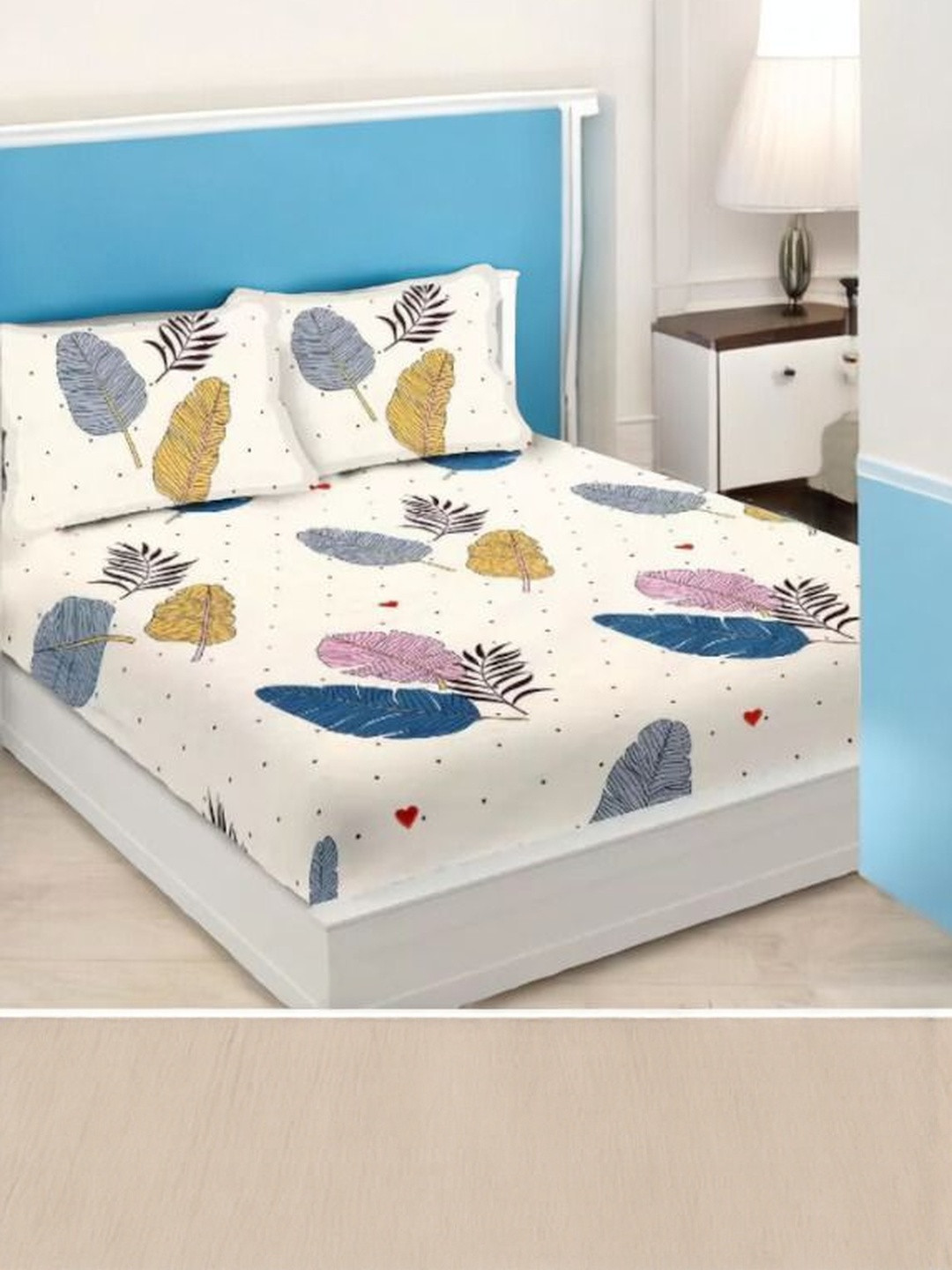 WELLNEST White Ethnic Motifs Printed 300 TC Queen Bedsheet with 2 Pillow Covers