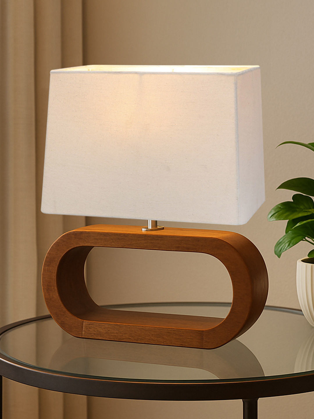 Homesake Beige Cylinder Shaped Wooden Table Lamp with Bulb