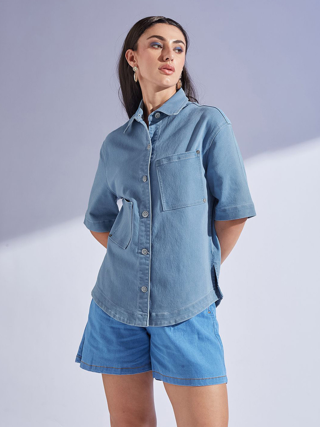 Miss Chase Women Shirt Collar Half Sleeve Denim Oversized Shirt