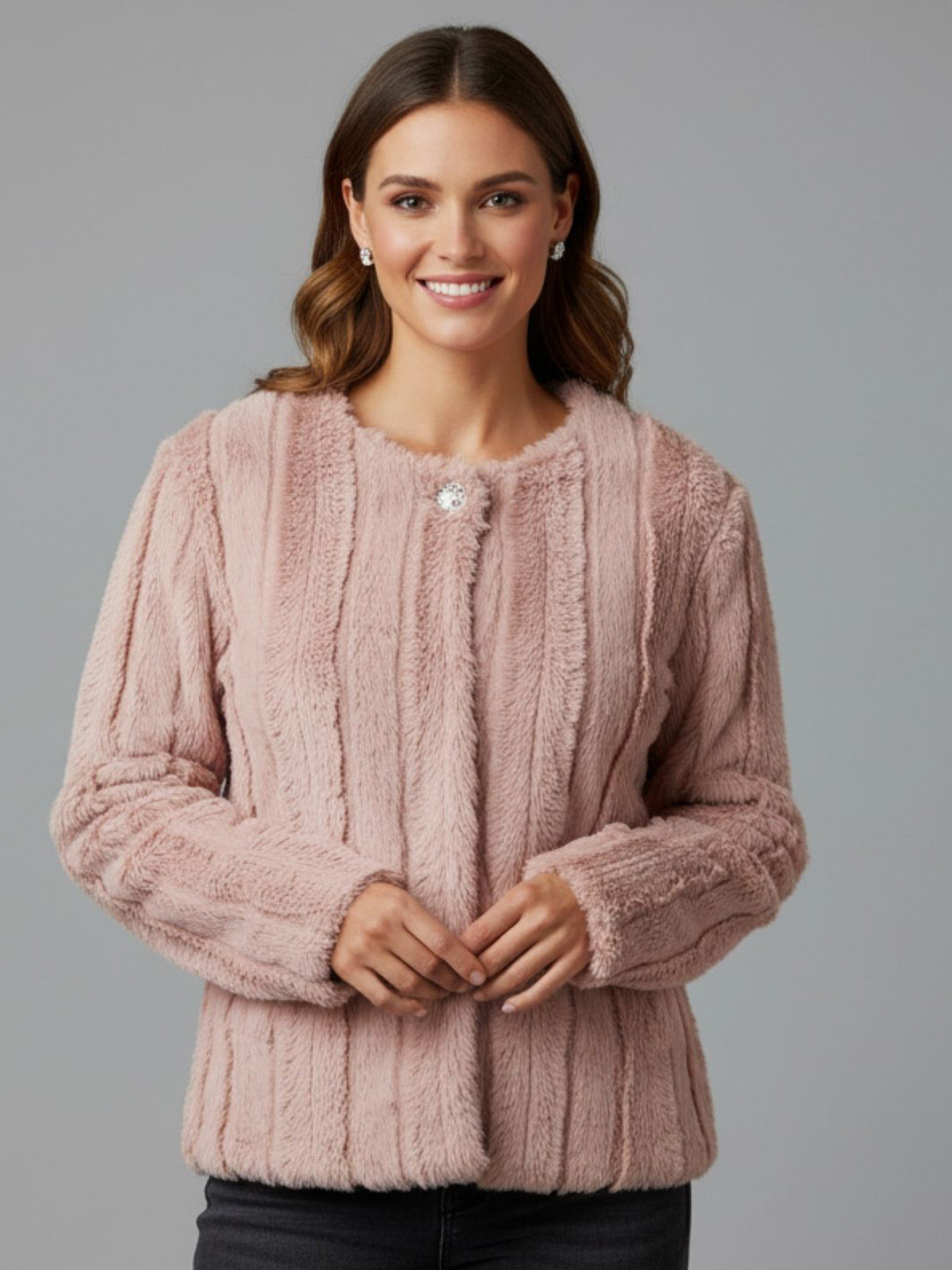Wineberry Striped Round Neck Long Sleeves Front Open Sweater