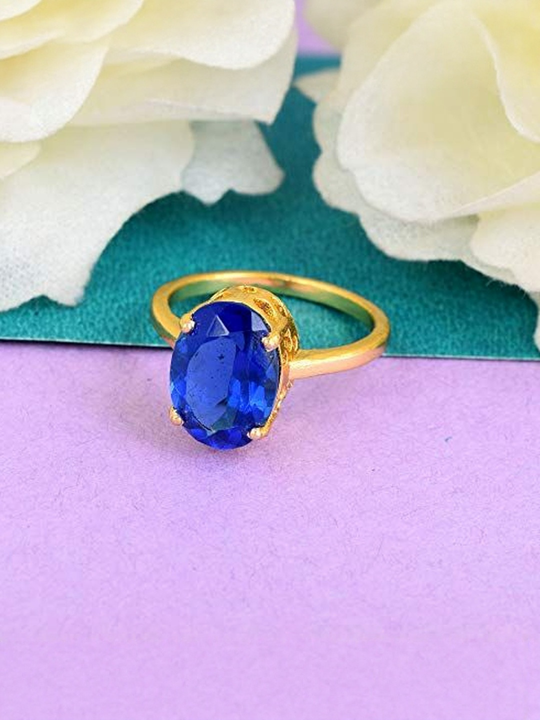 Brass Gold plated High Crown Faux Blue Sapphire (Neelam) Finger Ring