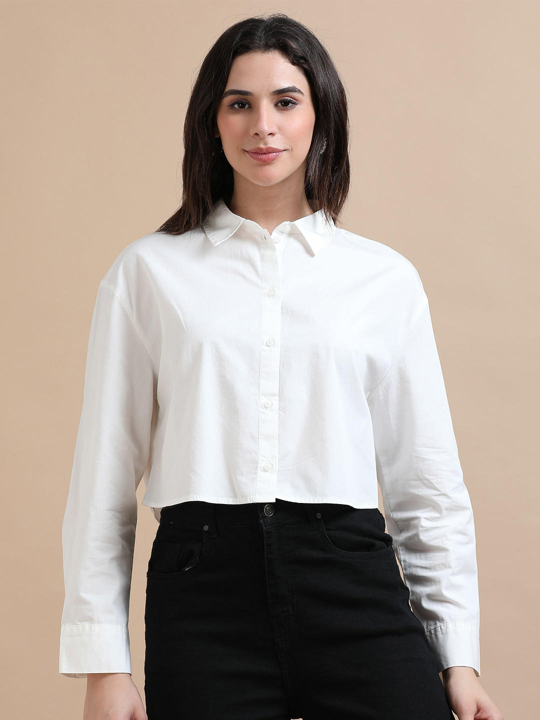 GLAM & CHIQUE Women Pure Cotton Cropped Button-Down Shirt